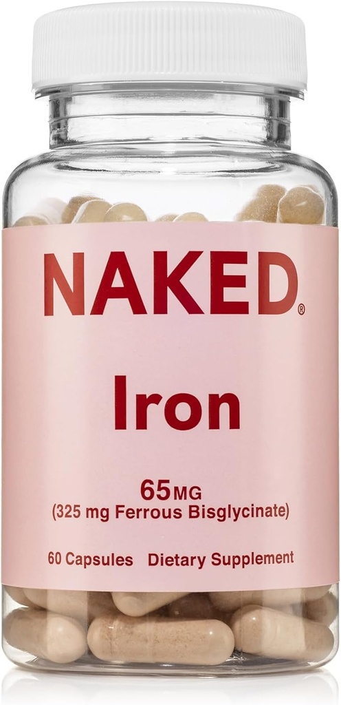 Hierro desnudo 65mg, 325mg Bisglycinate Ferrous - Suplemento de Hierro de alta potencia para la deficiencia de hierro, Apoyo a la energía celular, promueve la producción sana de células rojas de sangre, no GMO, libre de gluten, 60 cápsulas