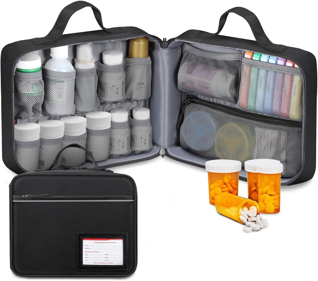 SITHON Pill Bottle Organizer Bolsa de almacenamiento de medicamentos Gestor de caja de carga con manija, bolsillos fijos para medicamentos, vitaminas, suministros médicos, negro