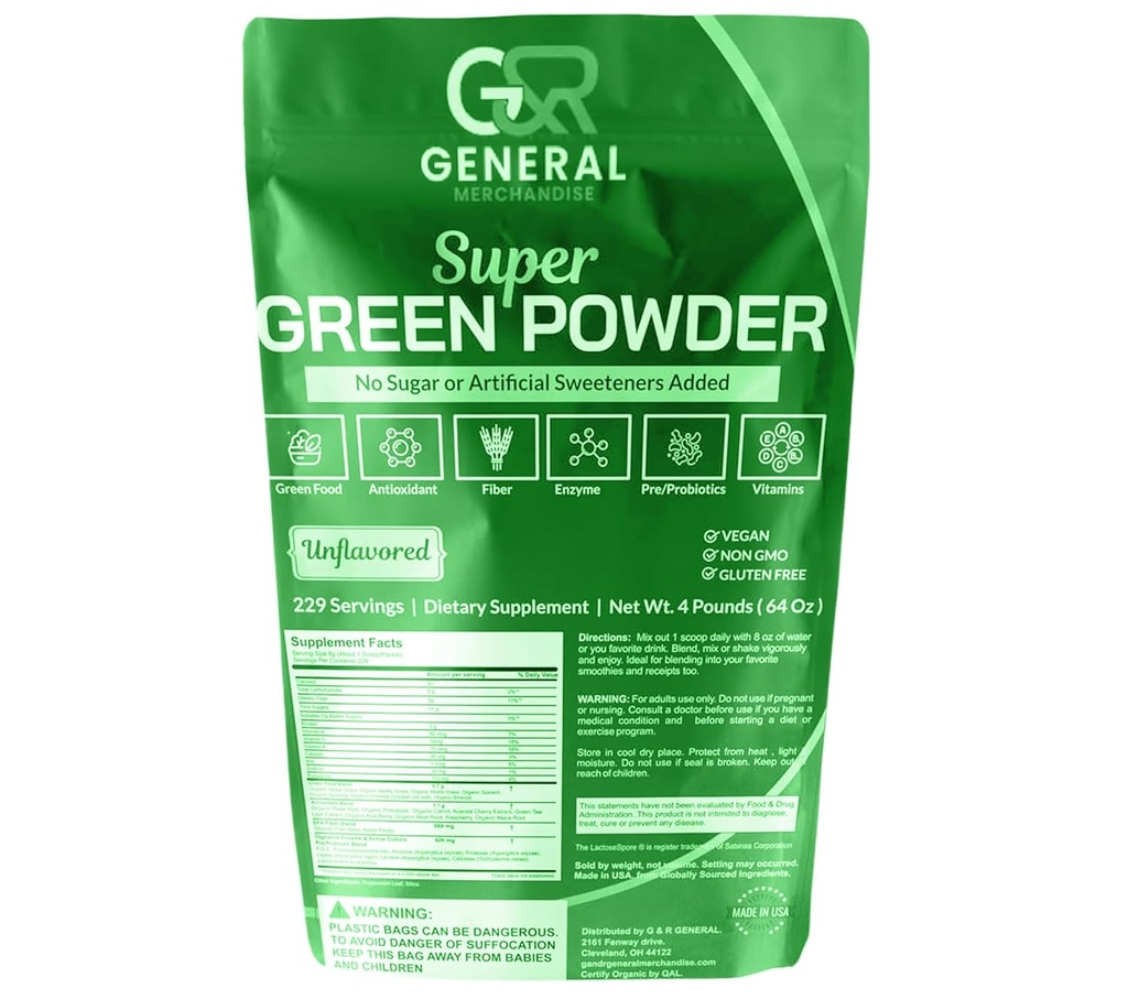 Super Greens Powder Superfood Organic, 229 Servidores Enzymes Digestivos, Probióticos & Vitaminas Vegetables (Wheatgrass, Spirulina &amp; more), Frutas, 4 Libras(64oz).