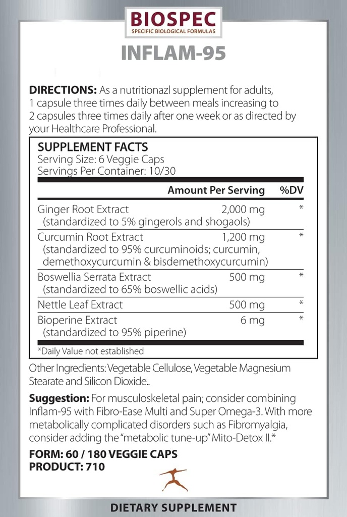 Inflam-95 - Extracto de la raíz de jengibre 2.000 mg, Extracto de la raíz de la acumulación, Extracto de la boswellia Serrata, Extracto de la hoja de nettle, Bioperina - Apoyo saludable respuesta inflamatoria*
