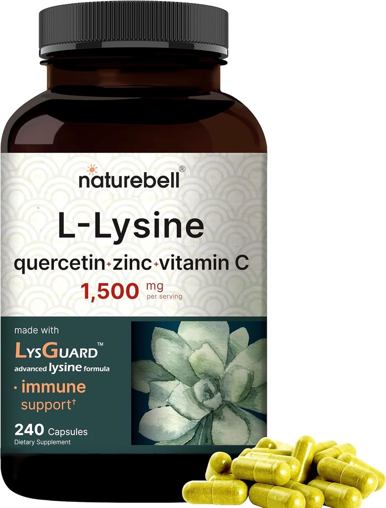 NatureBell L-Lysine 1000mg Capsules + Quercetin 250mg con Vitamina C y Zinc, 240 Conde ← Forma libre Aminoácidos, L Lysine Complejo ← Apoyo Inmunitario, Lip &amp; Skin Health Supplement