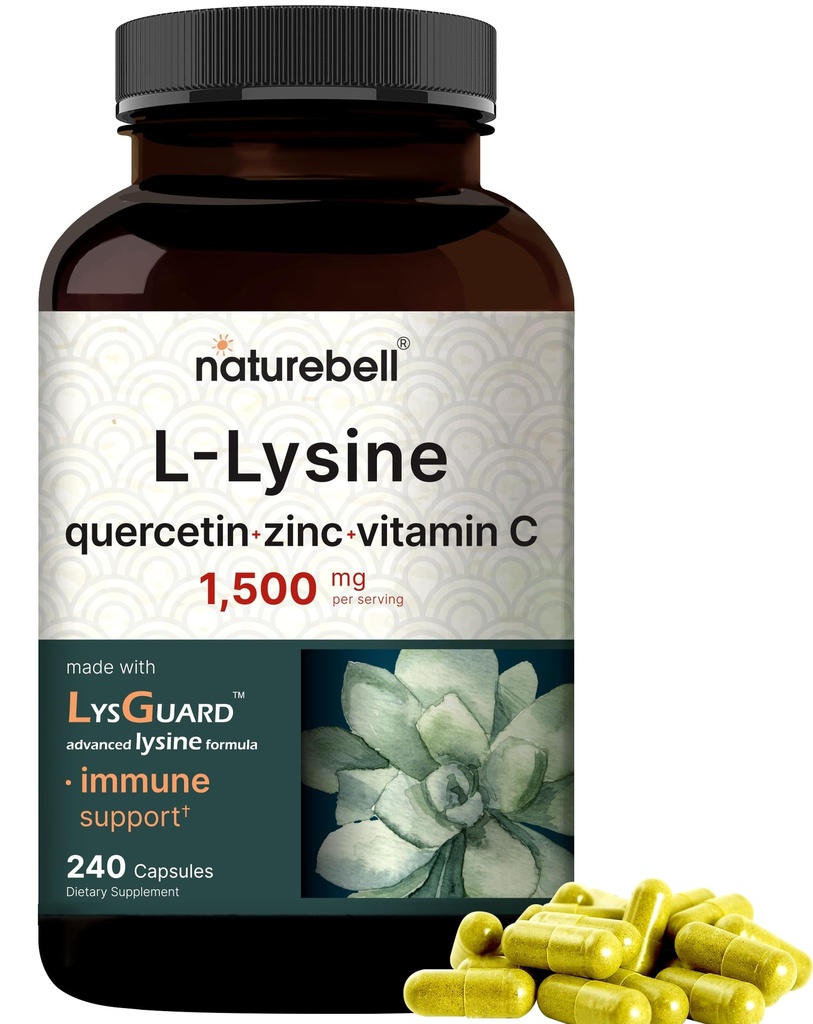 NatureBell L-Lysine 1000mg Capsules + Quercetin 250mg con Vitamina C y Zinc, 240 Conde ← Forma libre Aminoácidos, L Lysine Complejo ← Apoyo Inmunitario, Lip &amp; Skin Health Supplement