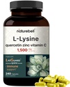 NatureBell L-Lysine 1000mg Capsules + Quercetin 250mg con Vitamina C y Zinc, 240 Conde ← Forma libre Aminoácidos, L Lysine Complejo ← Apoyo Inmunitario, Lip &amp; Skin Health Supplement