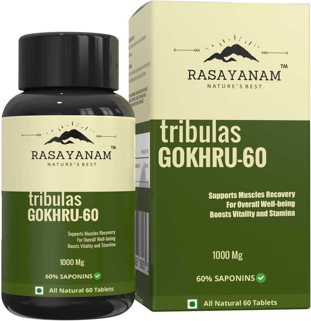 Genérico Tribulas Gokhru-60 Gokshura Tablets 1000mg  durable Ultra High Concentrated 60% Saponins  Mejora Vigour  eterna Tribulus Terrestris  durable for Both Men &amp; Women (60 Tablets) (1)