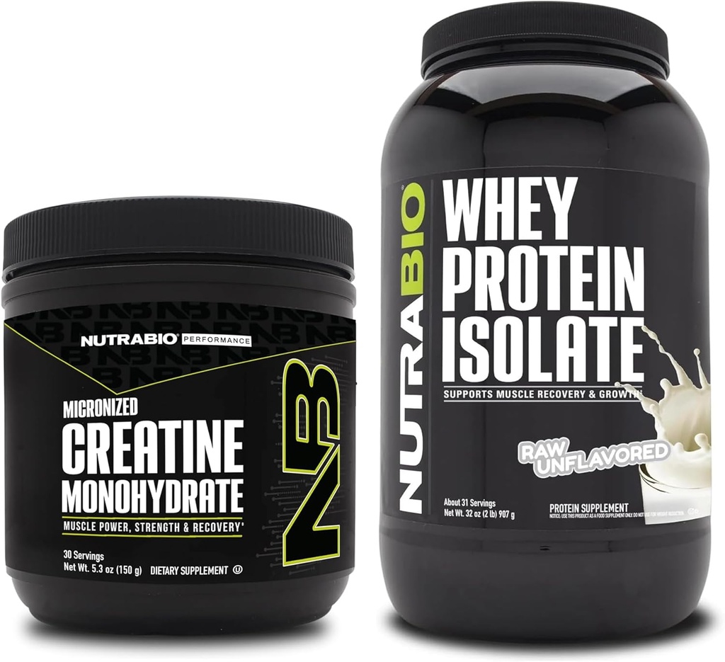 NutraBio Monohidrato de Creatina, Desflavorado, 150g y Whey Protein Isolate, Desflavorado, Suplemento Bundle - Energía muscular, Crecimiento muscular magro, recuperación y fuerza