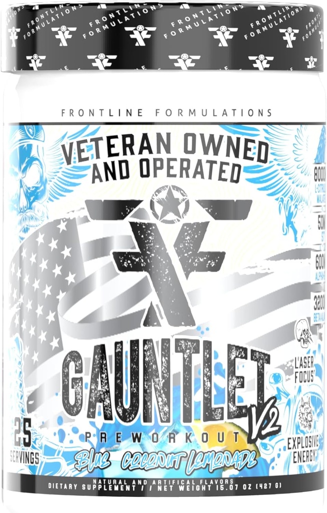 Gauntlet Pre-Workout Powder, Explosive Workouts, Laser Focus, Mid Stim, Amazing Flavor, Veteran Owned and Operated (25 Servings, Blue Coconut Lemonade)