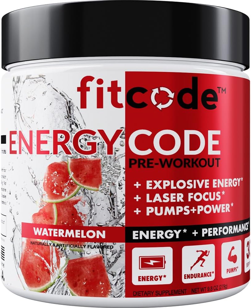 fitcode EnergyCode - Pre Workout with Creatine Powder - Energy & Performance Drink - Muscle Strength &amp; Endurance Supplement - Contains Caffeine - 30 Servings - Watermelon