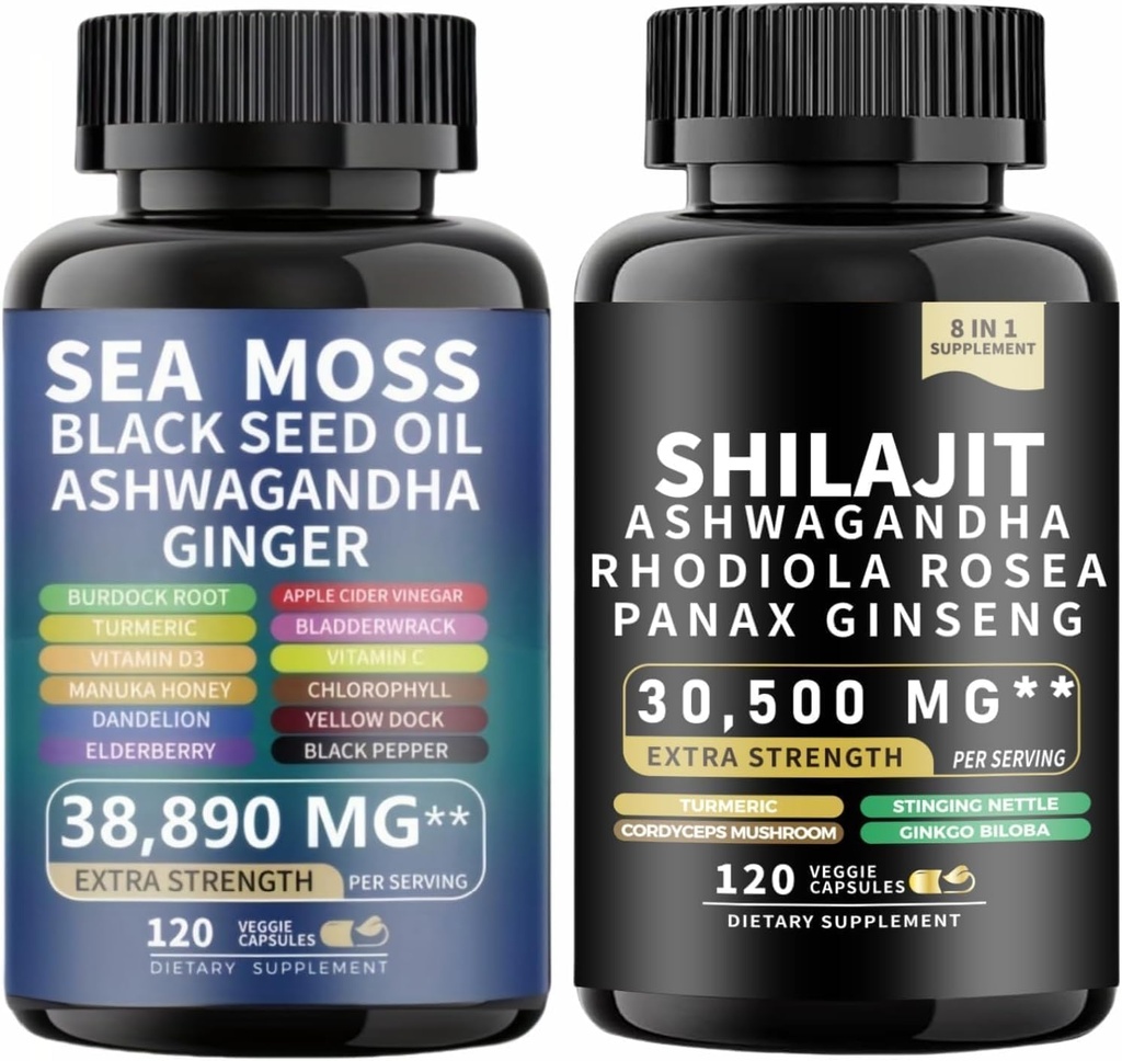 Sea Moss y shilajit Sea Moss Black Seed Oil Ashwagandha Ginger divideshilajit rhodiola rosea panax Ginseng (120 Conde (Pack of 2))