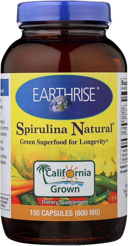 Earthrise Spirulina Natural 600 mg -150 Cápsula, Espirulina Premium Natural de California- Vegan, Gluten Free, Keto Friendly, Non -GMO Super Food alta en vitaminas y minerales.