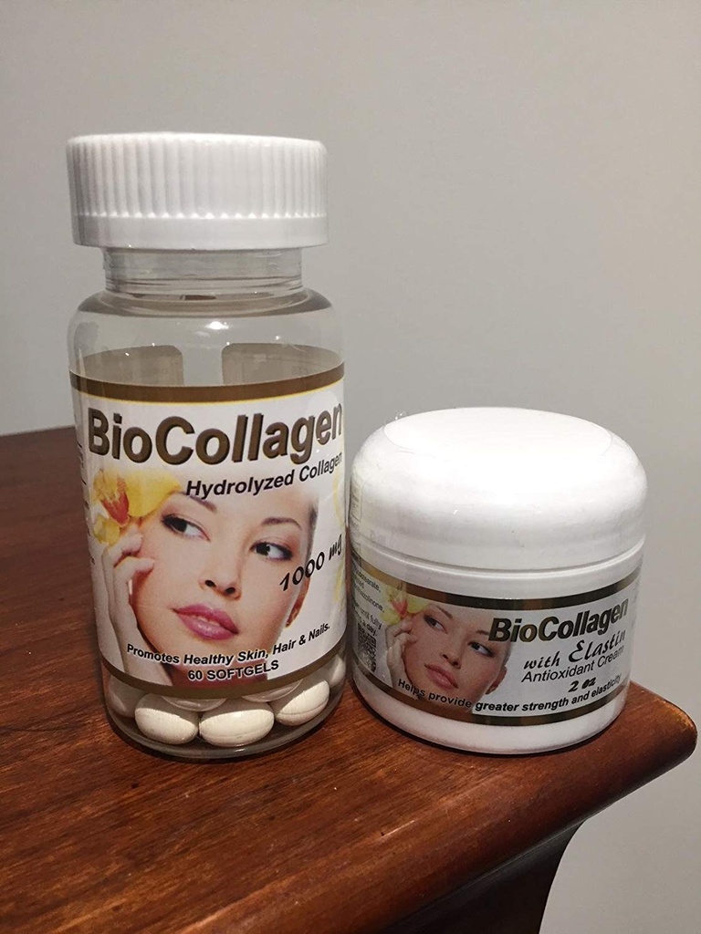 Set Bio Collagen Hydrolyzed Collagen softgels (1000 mg) " BioCollagen con Elastin Antioxidant Cream 2 oz (Promotes Healthy Skin Hair and Nails)