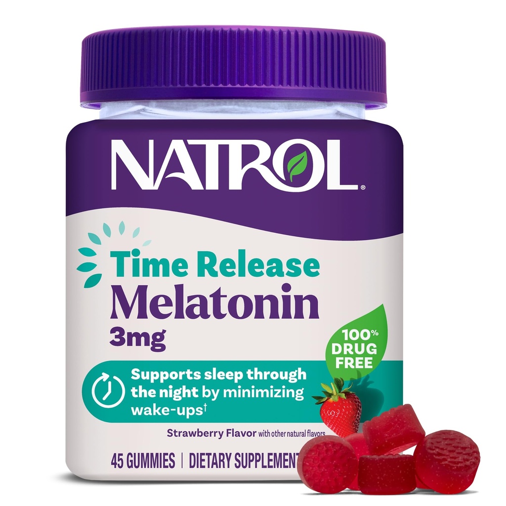 Natrol Time Release Melatonin Gummies, Sleep Support for Adults, 3 mg Melatonin Supplements for Sleep Support, 45 Strawberry-Flavored Gummies, Up to a 45 Day Supply