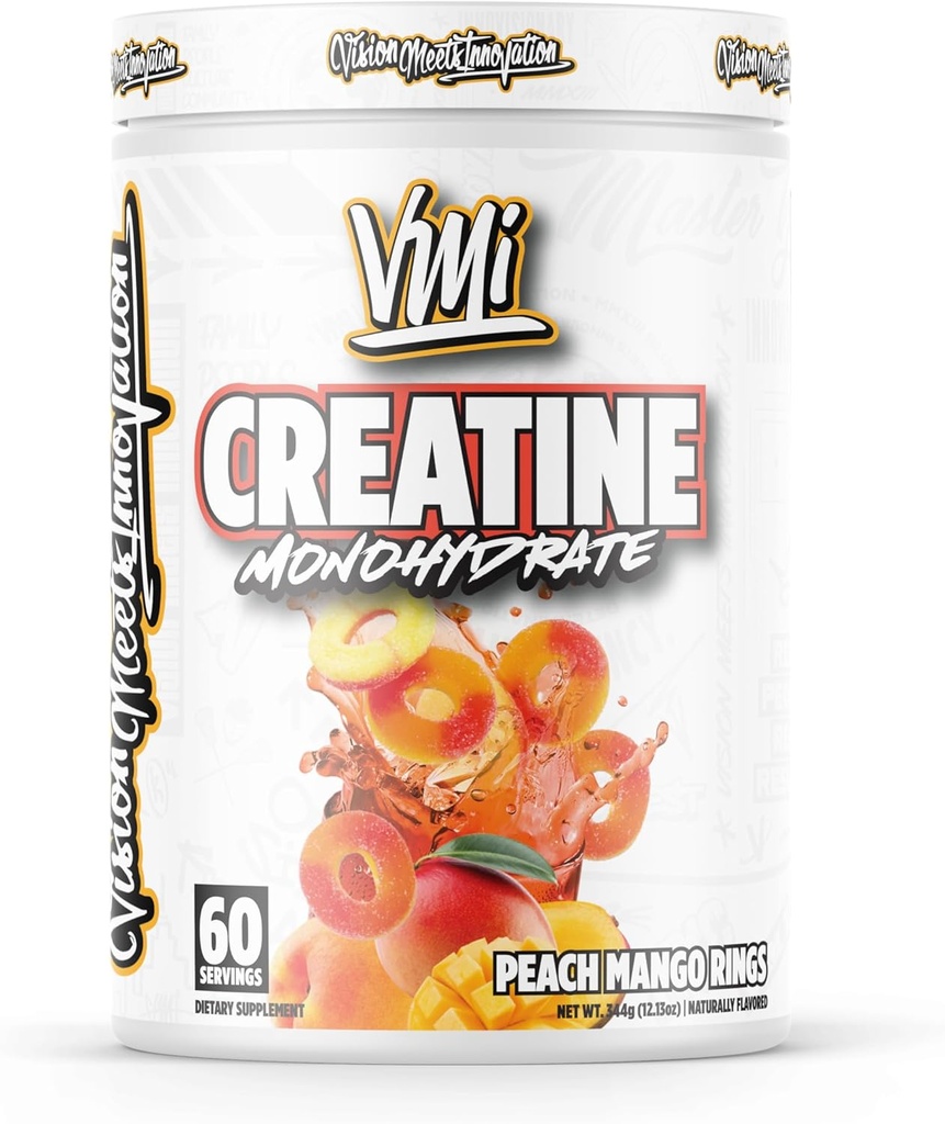 VMI Sports Creatine Monohydrate Powder Muscle Mass – Strength – Size – Power tención 5 Grams per Serving (60 Servings, Peach Mango Rings)