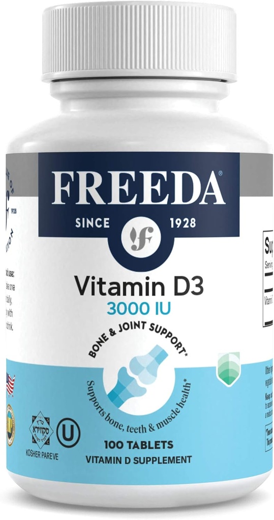 FREEDA Vitamina D3-3000 UI - Pure High Potency Kosher Supplement Tablets - Bone and Muscle Health, Calcium Absorption, Immune Support for Men and Women* - 100 Tiny Tablets