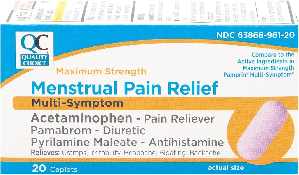 Quality Choice Maximum Strength Mentrual Pain Relief, Multi Symptom Pain Relief Caplets, Cangrejos, Dolor de cabeza, Bloating, Backache & Irritability, 20 Count Package