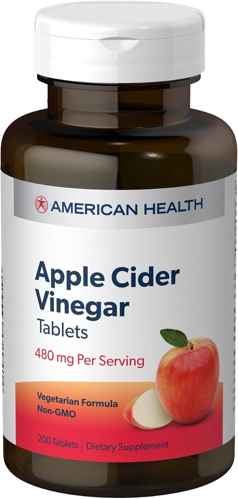 American Health Apple Cider Vinegar - 200 Tablets - 480 mg Por Serving - Non-GMO, Vegetarian, Gluten Gratis - 100 Servings
