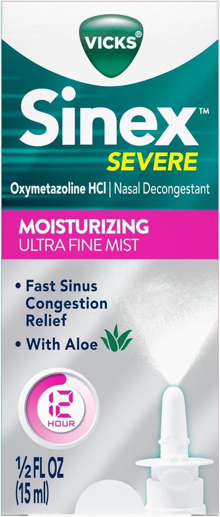 Vicks Sinex Severe Nasal Spray with Moisturizing Ultra Fine Mist, Decongestant for Stuffy Nose Relief from Cold, Allergy, Sinus Pressure - 265 Sprays