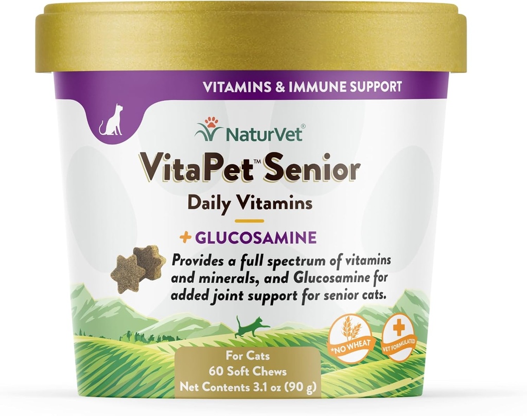 NaturVet VitaPet Senior Daily Vitamins for Cats Plus Glucosamine, Específicamente Formulado para Proporcionar Minerales Esenciales, 90 g, 60 Conde