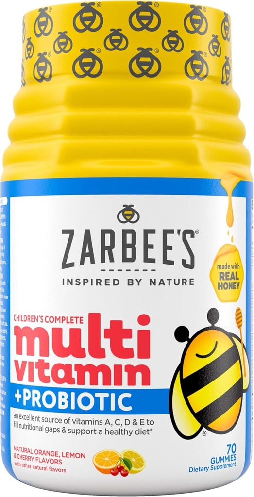 Multivitamina completa del niño de Zarbee + Gummies probióticas con vitaminas A B C D E " zinc para la salud digestiva Fácil de Agarrar Los niños diariamente Gummies multivitamínicos Frutas naturales 70 Condes