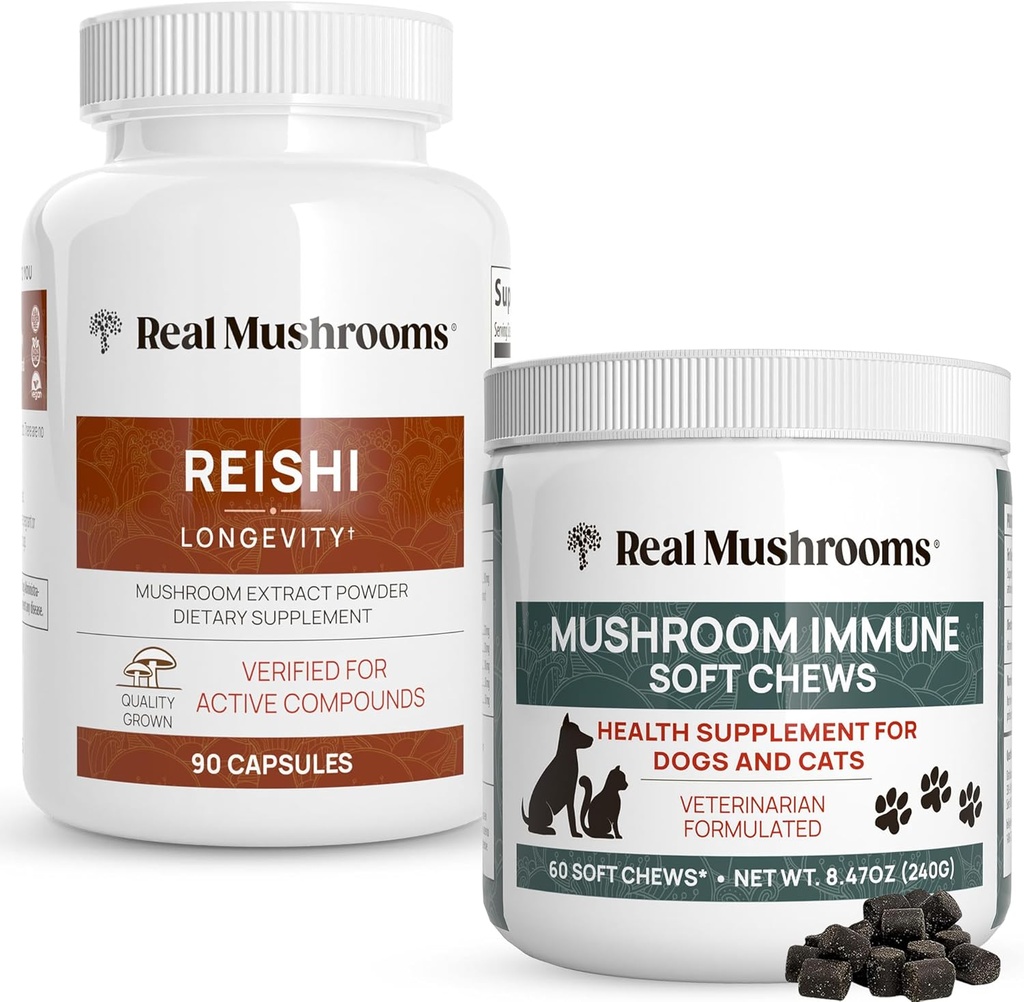 Real Mushrooms Reishi Capsules for Humans (90ct) & Mushroom Immune Pet Chews (60ct) - Bundle for Longevity, Relaxation & Immunity - Ashwagandha, Astragalus & More - Vegan, Non-GMO, Gluten-Free