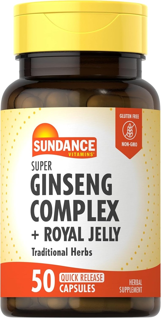 Sundance Super Ginseng Complejo Silencioso con Royal Jelly ← 50 Quick Release Capsules ← No GMO y Gluten Free Tradicional Herb Suplemento