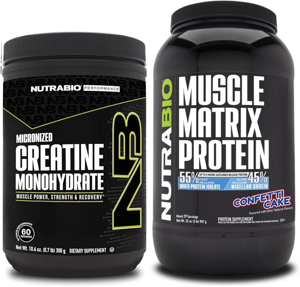 NutraBio Cretina Monohidrato, Desflavorado, (300 g) y Muscle Matrix Protein Powder, (Confetti Cake) Suplemento Bundle – Muscle Energy, Maximum Growth, Recovery, and Strength