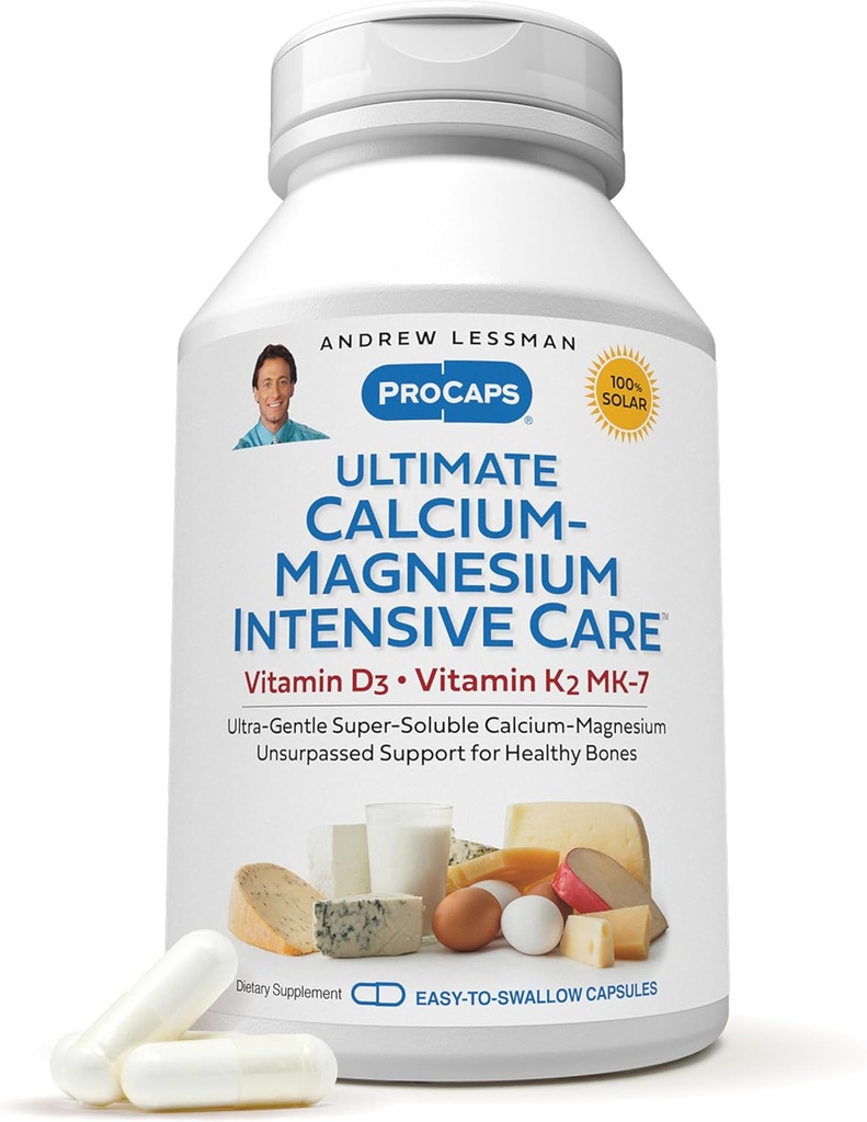 ANDREW LESSMAN Ultimate Calcium-Magnesium Intensive Care with Vitamin D3 & K2 MK7-120 mcg - 180 Capsules – Bone and Skeleton Health Essentials. Suave, Fácil de Tragar, Super Soluble. No hay aditivos