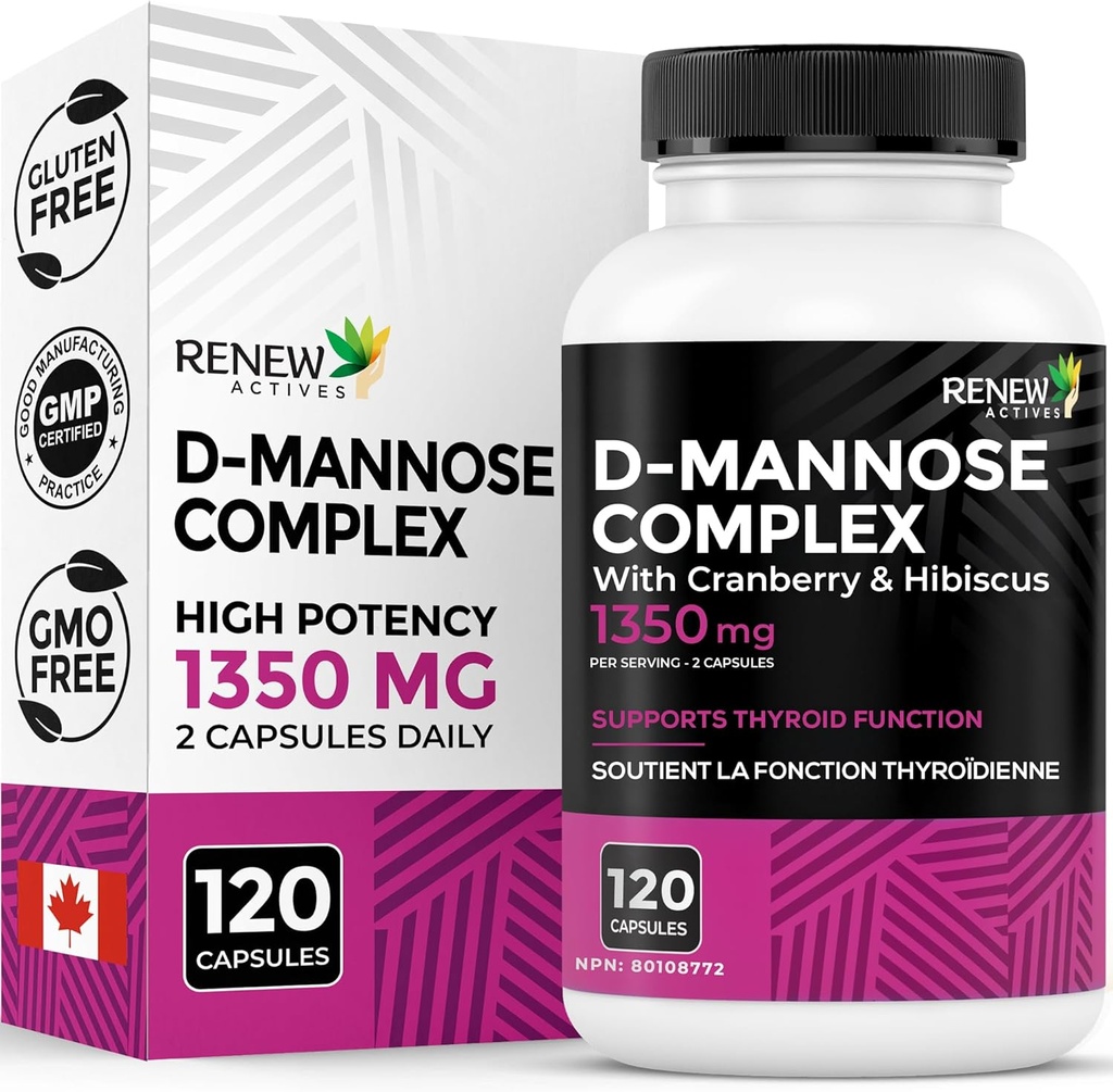Renew Actives High Potency D-Mannose & Cranberry Complex 1000MG per 2 Capsules – con Hibiscus &amp; Dandelion Extracts – Antioxidant Blend – No Artificial Flavours - Made in Canada - 120 Capsules