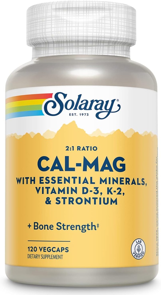 Solaray Cal-Mag con Minerales Esenciales TENIDO Calcio, Magnesio, Estroncio, Vitaminas D-3 &amp; K-2 TEN 30 Serv ANTE 120 VegCaps