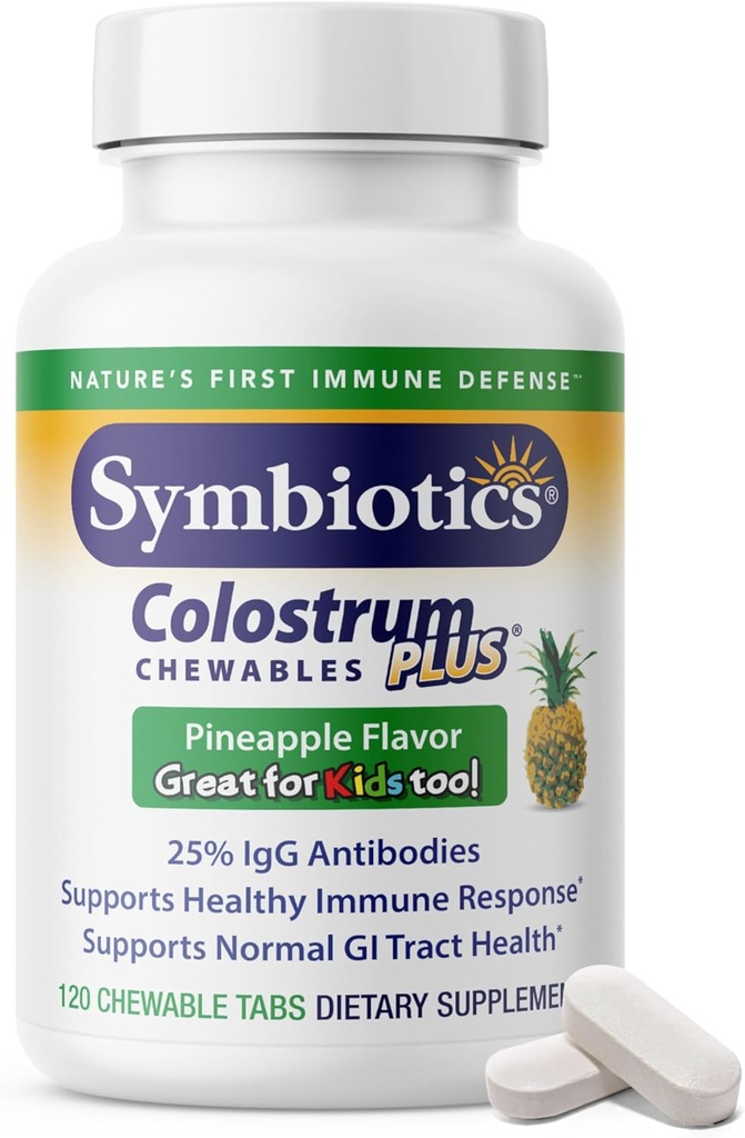 Symbiotics Colostrum 120ct Chewables Plus - Immunity Support for Adult &amp; Kids - Lactoferrin Supplement " Colostrum Protein - Supports Digestion " Gut - 25% lgG Anticuerpos, Gluten Free - Pineapple