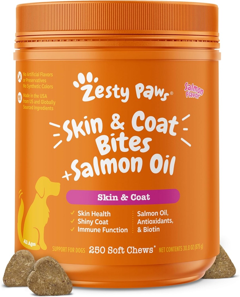 Zesty Paws Aceite de Salmón para perros Skin and Coat, Omega 3 Pez Aceite de Aceite de Pez, Alivio de la Alergia del Perro, Itch Relief Suplemento, 250 Conde, Salmon Flavor