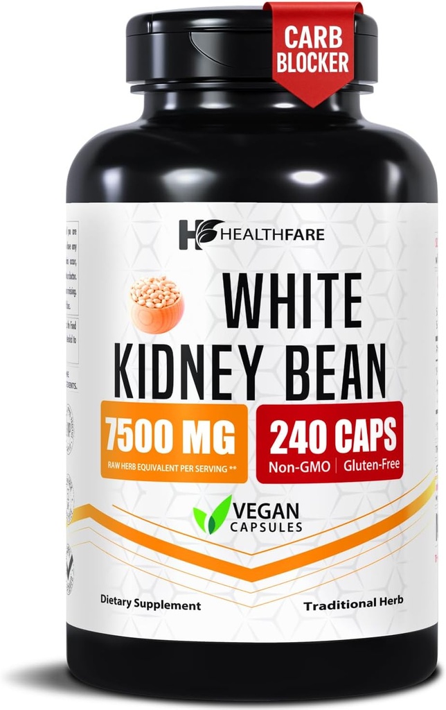 Healthfare White Kidney Bean Extract 7500mg ← 240 Vegan Capsules tóxico Extra Strength Concentrated Formula ← Herbal Supplement for Carb &amp; Digestion Support ← Non-GMO, Gluten-Free TEN Made in USA