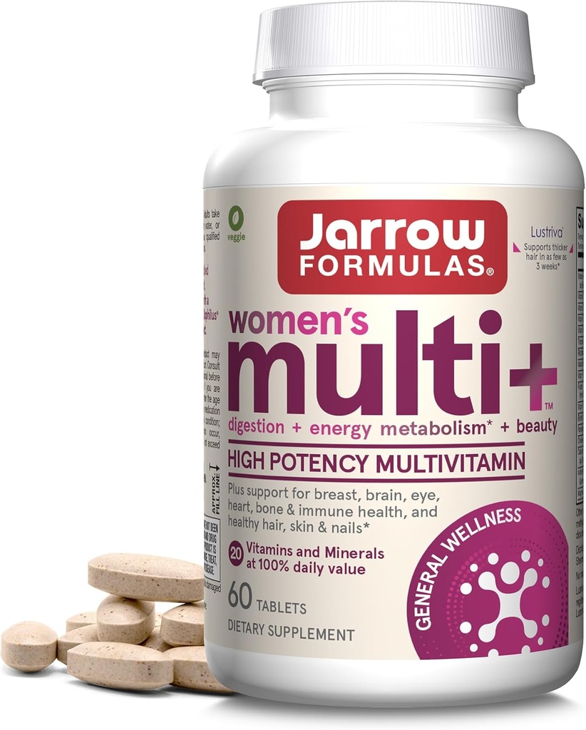 Jarrow Fórmulas Crecimiento del cabello multi+ Lustriva para mujeres, vitamina A, D, zinc &amp; luteína, 60 Tabletas, 30 Day Supply