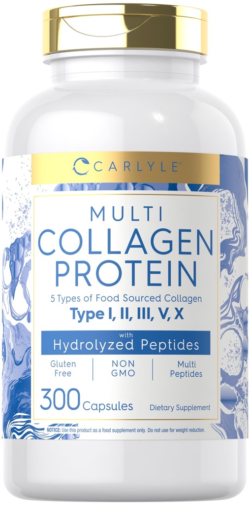 Carlyle Multi Collagen Protein Capsules 2000mg  vírgenes 300 Conde Silencio Tipo I, II, III, V, X Silencioso Píldoras Peptide ← Keto &amp; Paleo Friendly, Gluten Free, Non-GMO Suplemento