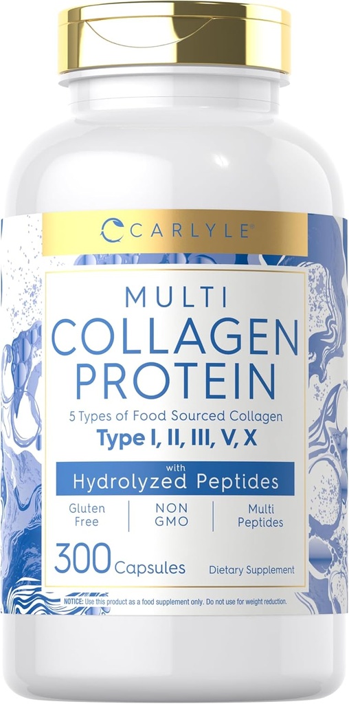 Carlyle Multi Collagen Protein Capsules 2000mg  vírgenes 300 Conde Silencio Tipo I, II, III, V, X Silencioso Píldoras Peptide ← Keto &amp; Paleo Friendly, Gluten Free, Non-GMO Suplemento
