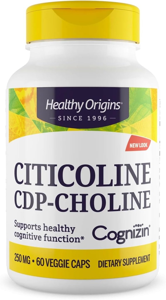 Orígenes saludables Cognizin (Citicoline), 250 mg - Suplemento cerebral para la memoria con citicolina CDP Choline - Suplemento libre de gluten y vegano - 60 cápsulas vegetales