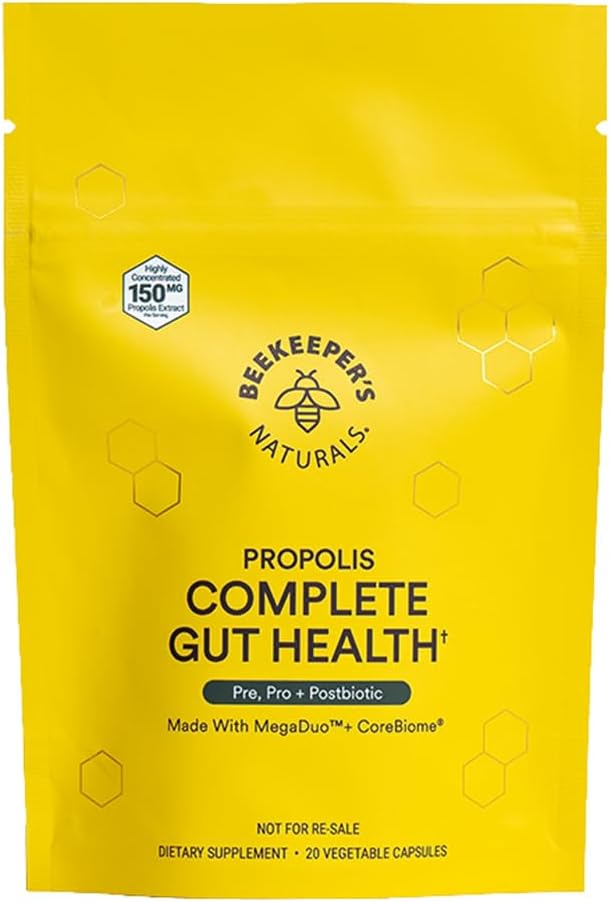Beekeeper's Naturals Complete Gut Health, 3-in-1 Prebiotic, Postbiotic, Probiotics for Digestive Health " Bloating Relief for Women " Men, Propolis Powered, Gluten-Free Vegan Capsules, 20ct
