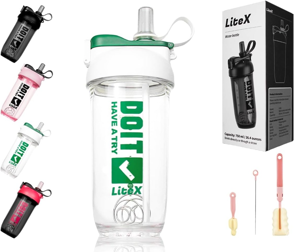 Botellas Litex Shaker para Protein Shakes, 26oz Botella Blender Shaker para Pre-Workout, Copas de afeitar con Straw, Botellas Tritan Mixer sin BPA para Protein Powder, con cepillo de copa e instrucciones (White)