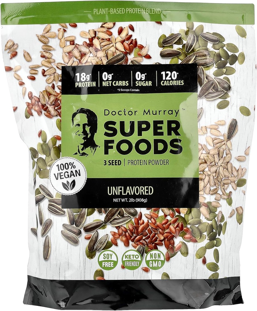 Dr. Murray's Super Foods, 3 Seed Protein Powder, Pumpkin + Flax + girasol, Desflavorado, 2 lb (908 g)