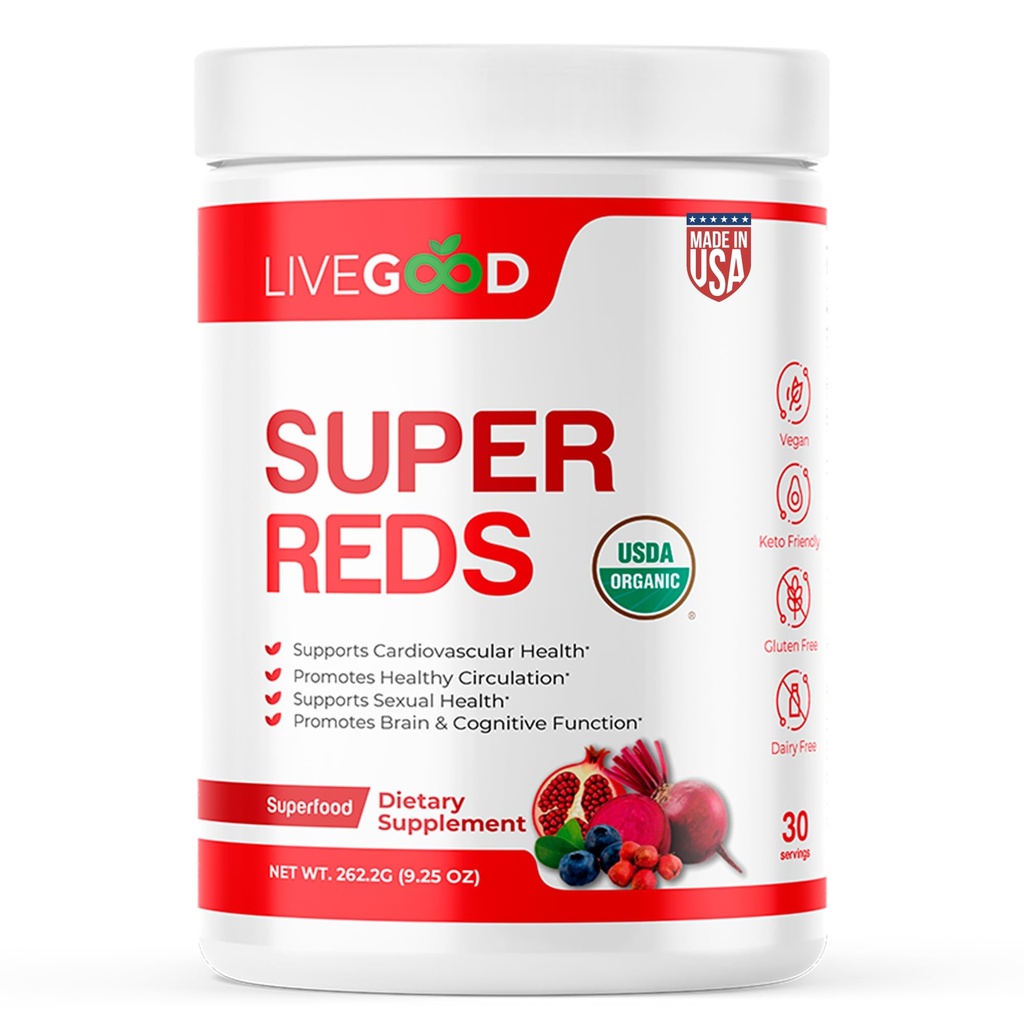 LIVEGOODTM Super rojos orgánicos con Alfalfa, Barley Grass, Beet Root, Pomegranite, Grape Seed, Vegan, Gluten Free, 9.25 Oz