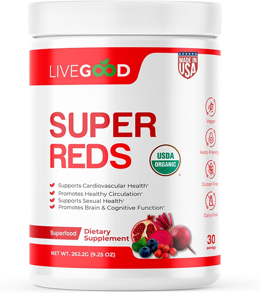 LIVEGOODTM Super rojos orgánicos con Alfalfa, Barley Grass, Beet Root, Pomegranite, Grape Seed, Vegan, Gluten Free, 9.25 Oz