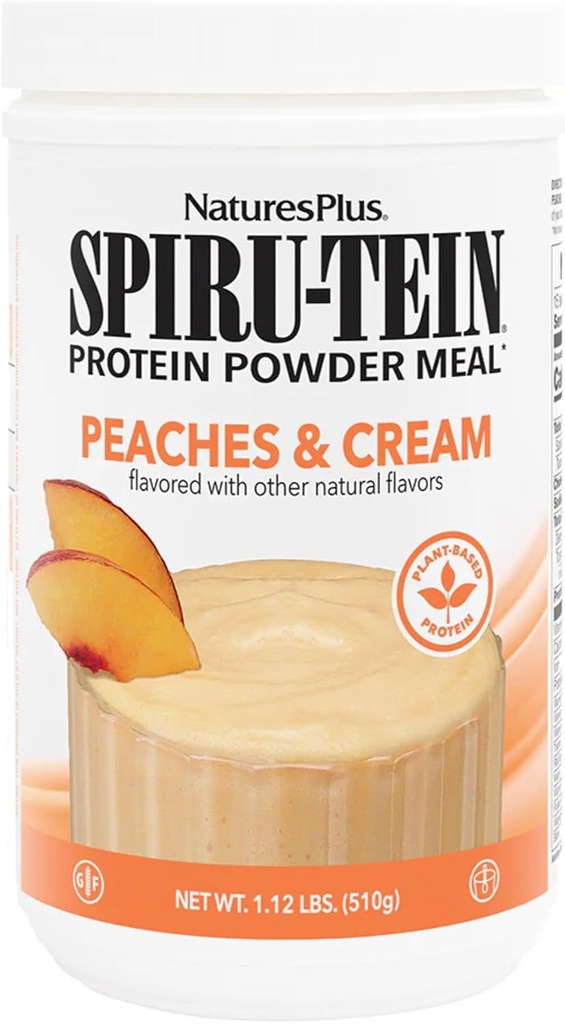 NaturesPlus SPIRU-TEIN Shake - Peaches & Cream Flavor - 1.1 lbs, Spirulina Protein Powder - Reemplazo de la carne con base vegetal, vitaminas " Minerales para la energía - Vegetariano, libre de gluten - 15 Servimientos