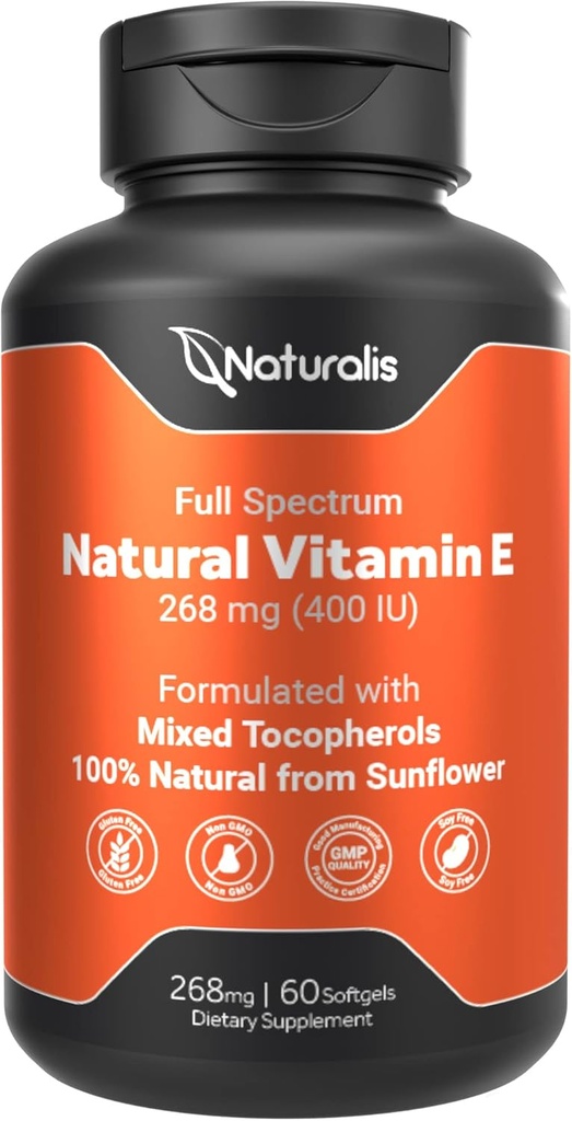 Naturalis Sunflower Vitamina E 268mg (400 UI) con Tocopherols mixtos ← Esquí esencial Vitamina &amp; Apoyo inmunitario ← No GMO, Soy &amp; Gluten Gratis ← 60 Softgels