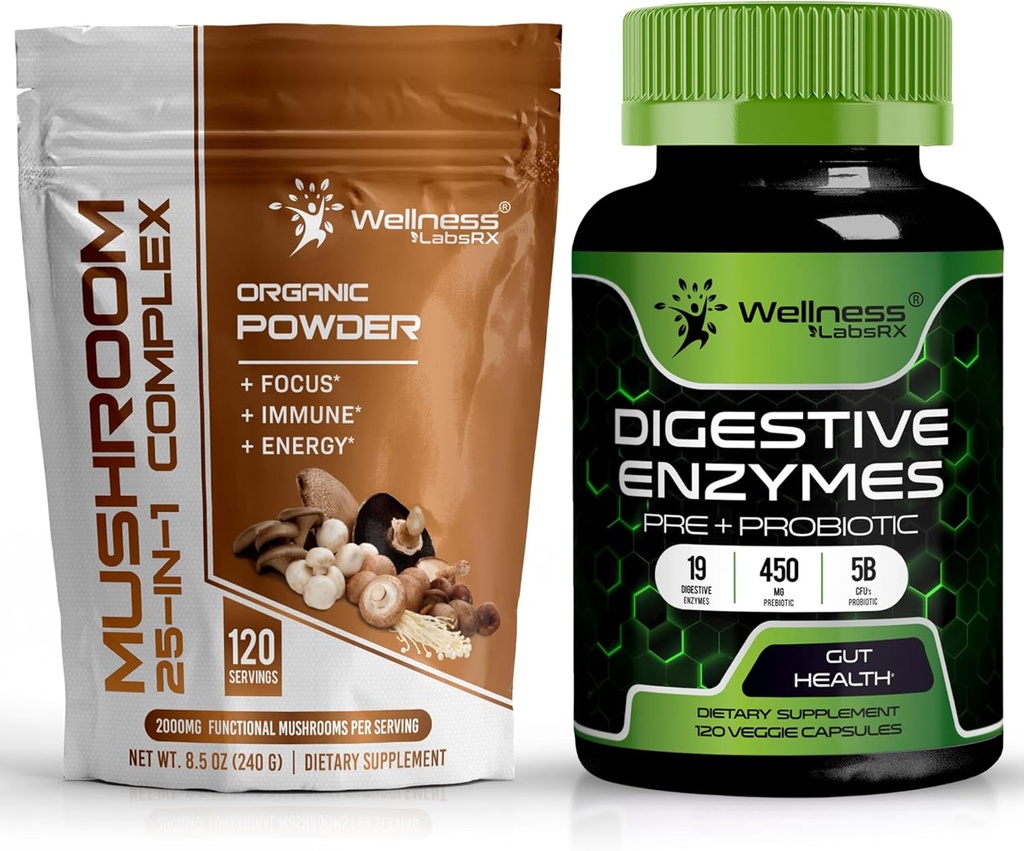 WELLNESS LABSRX Mushroom Powder 2000mg - Enzimas digestivas con probióticos y prebióticos