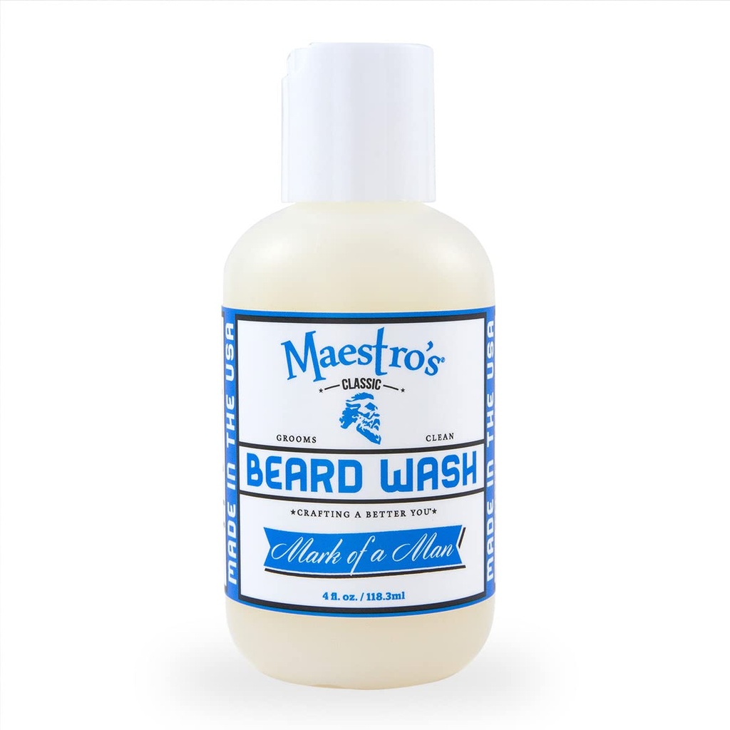 El clásico de Maestro BEARD WASH ANTE Anti-Itch, Limpieza profunda, Limpiador no seco, Limpiador suave totalmente hidratante para todos los tipos de barba " Longitudes- Marca de un hombre Blend, 4 onzas
