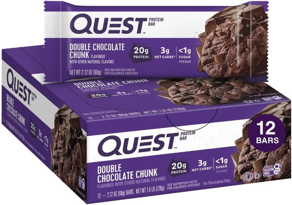 Quest Nutrition Double Chocolate Chunk Protein Bares, 20g Protein Bares, 1g Sugar, 4g Net Carb, Gluten Free, Keto Friendly, 12 Condes