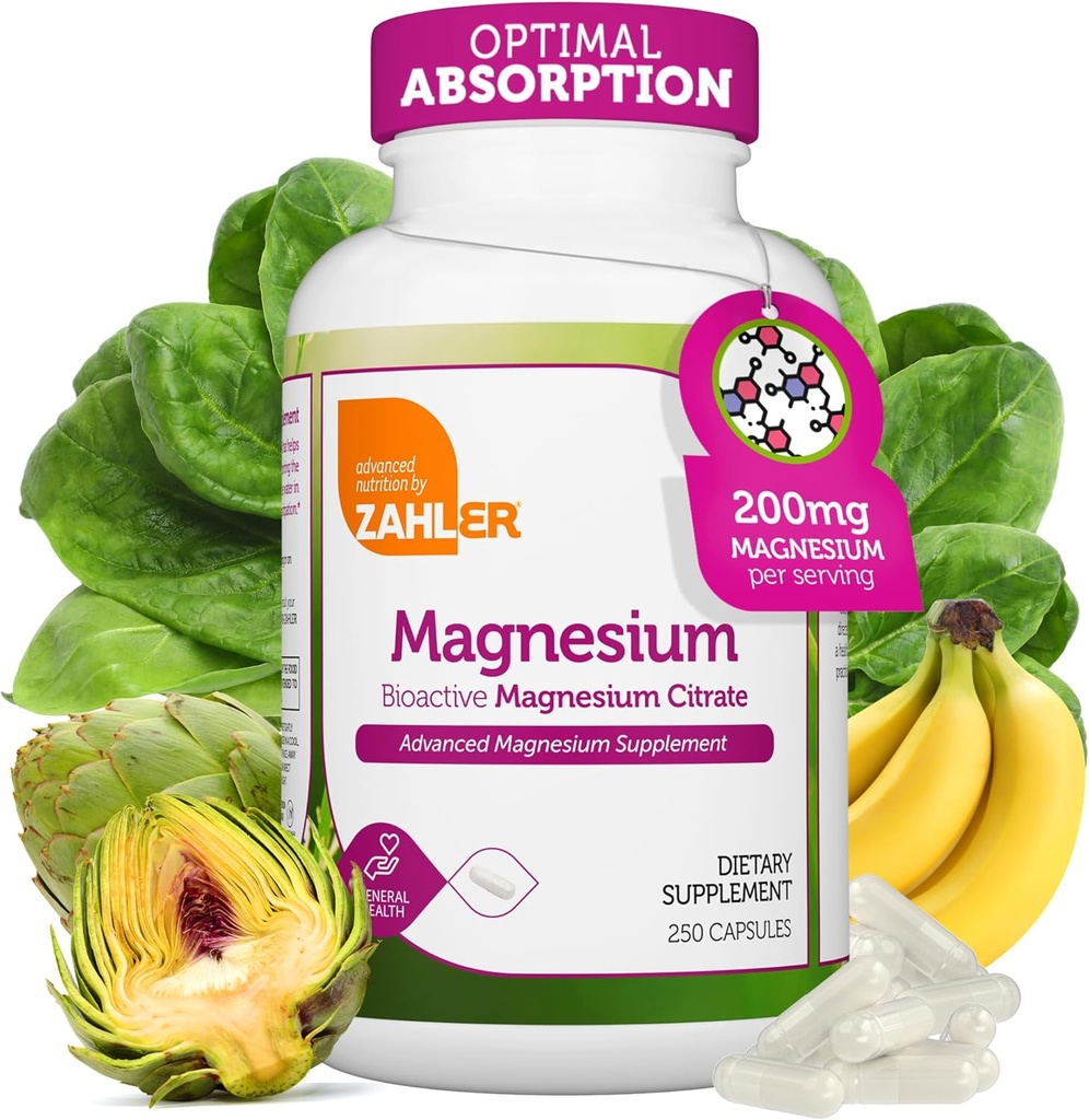 Zahler - Suplemento de magnesio cápsulas 200 mg (250 conde) Citrato de magnesio bioactivo de Kosher para Max Absorción - Magnesio natural mineral para hombres y mujeres - Mejores suplementos de magnesio