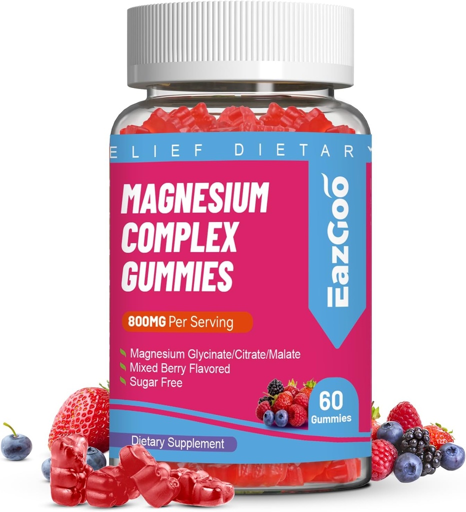 Magnesium Gummies 800mg - Vitamina D3, C, B6, B12 & Zinc Complejo con Magnesium Glycinate, Citrate & Malate, Magnesium Complex Gummies for Muscle, Mood & Energy, Vegan 60 Condes