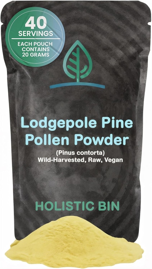 Holistic Bin Organic Pine Pollen Powder Pharmaceutical Grade, Wild Harvested, Golden Canadian Pine Pollen ← Non GMO, No Additives ← Pure Pollen Supplement Made from The Lodgepole Pine Tree, 20 g