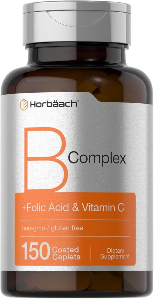 Horbaach B Complejo Vitaminas para Mujeres y Hombres Silencioso 150 Caplets Silencio con Ácido Fólico " Vitamina C TENIDO No-OMG " Gluten Suplemento gratuito