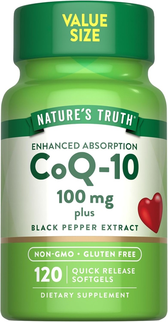 Nature's Truth CoQ10 100mg | 120 Softgels | High Absorption | Non-GMO & Gluten Free Coenzyme Supplement | with Black Pepper Extract